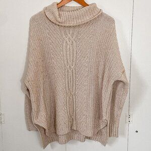 Lands' End Womens Cowl Neck Beige Tan Cable Knit Fisherman Sweater Cozy, Sz XLP